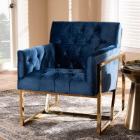 Baxton Studio TSF7719-Navy Blue/Gold-CC Milano Modern and Contemporary Navy Velvet Fabric Upholstered Gold Finished Lounge Chair